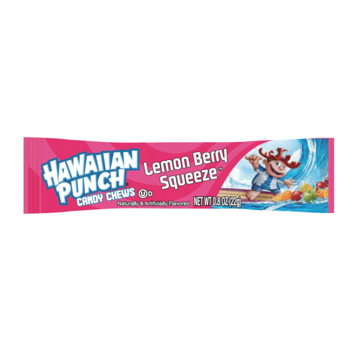 Front of Hawaiian Punch Chews Bar showing vibrant packaging with logo, Lemon Berry Squeeze flavour, and weight of 22g