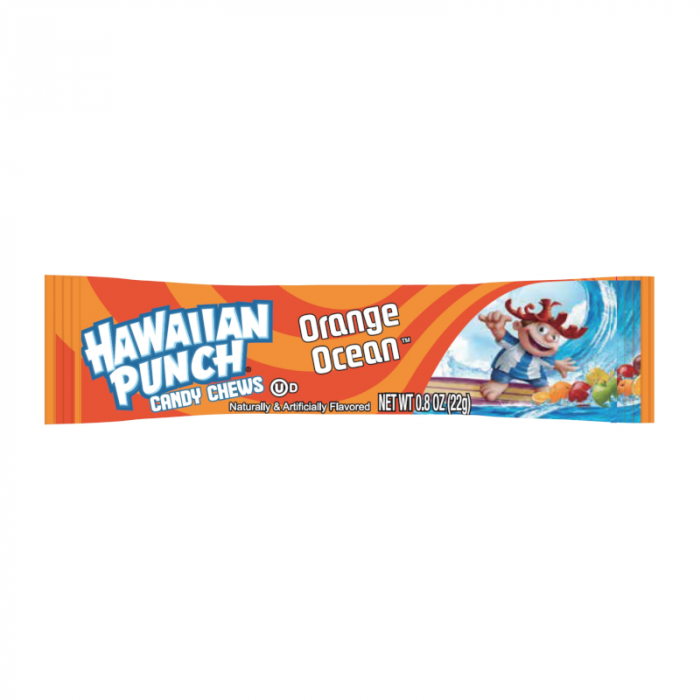 Front of Hawaiian Punch Chews Bar showing logo, Ocean Orange flavour, and 22g pack size with colourful candy images.