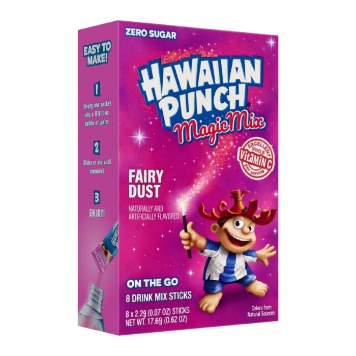Front of Hawaiian Punch Magic Mix Fairy Dust box showing logo, flavour label, and colourful packaging with 8 drink mix sticks (17.6g pack)