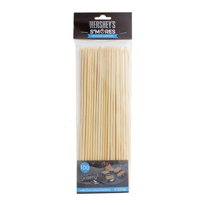 Front of Hershey's S'mores 15 Inch Bamboo Skewers pack showing the logo and 50 bamboo skewers