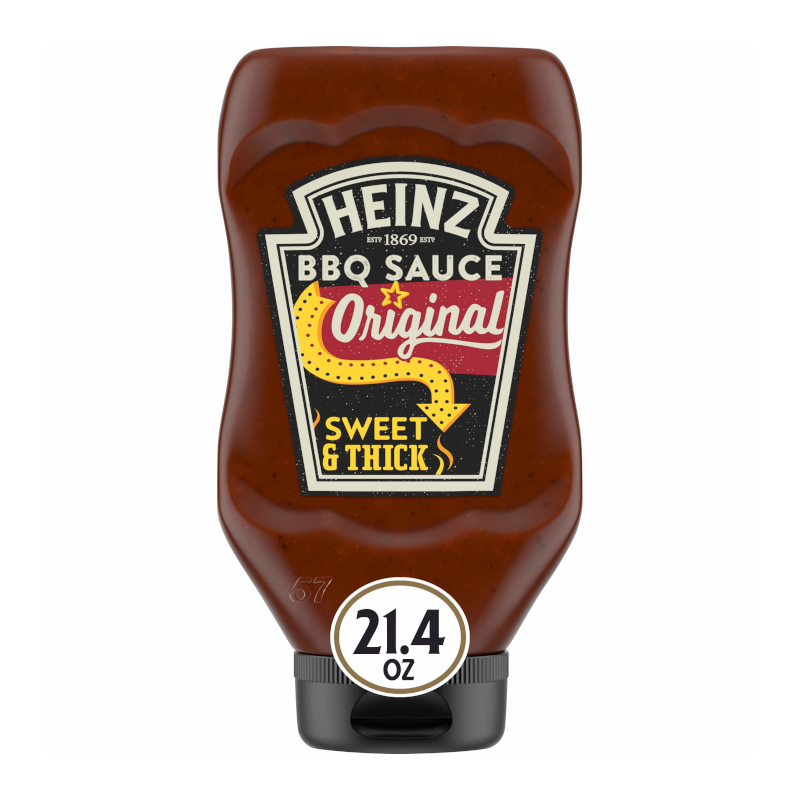 Front of Heinz Classic BBQ Sauce bottle featuring the logo, original flavour, and sweet & thick label (606g pack)
