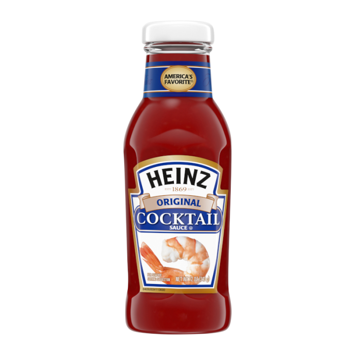 Front of Heinz Seafood Cocktail Sauce bottle featuring brand logo, seafood cocktail label, and shrimp image (340g pack)