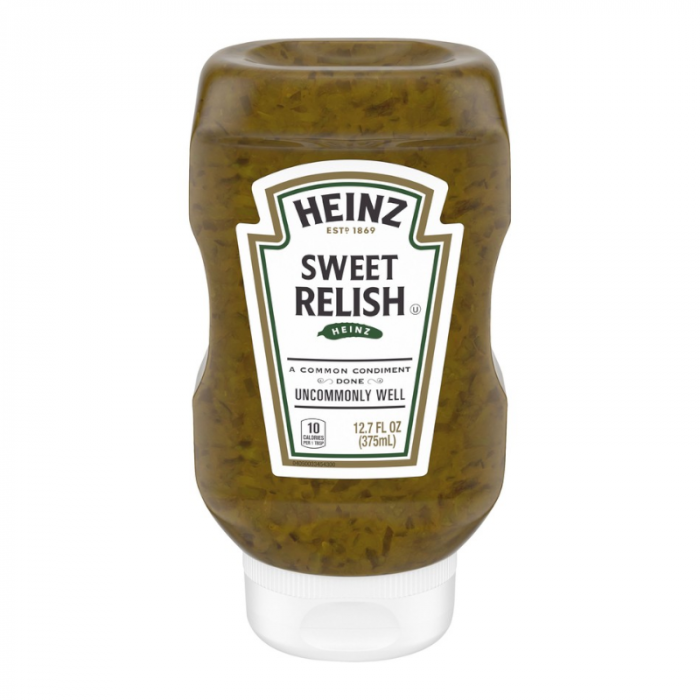 Front of Heinz Squeeze Sweet Relish showing green relish bottle, logo, and pack size of 375ml