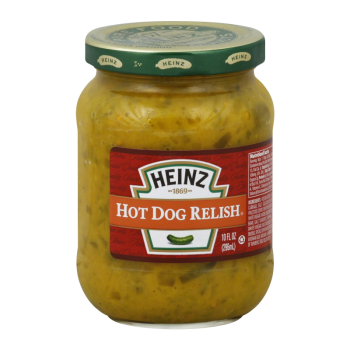 Front of Heinz Hot Dog Relish jar featuring a red label with logo and flavour details, packed in a 283g jar
