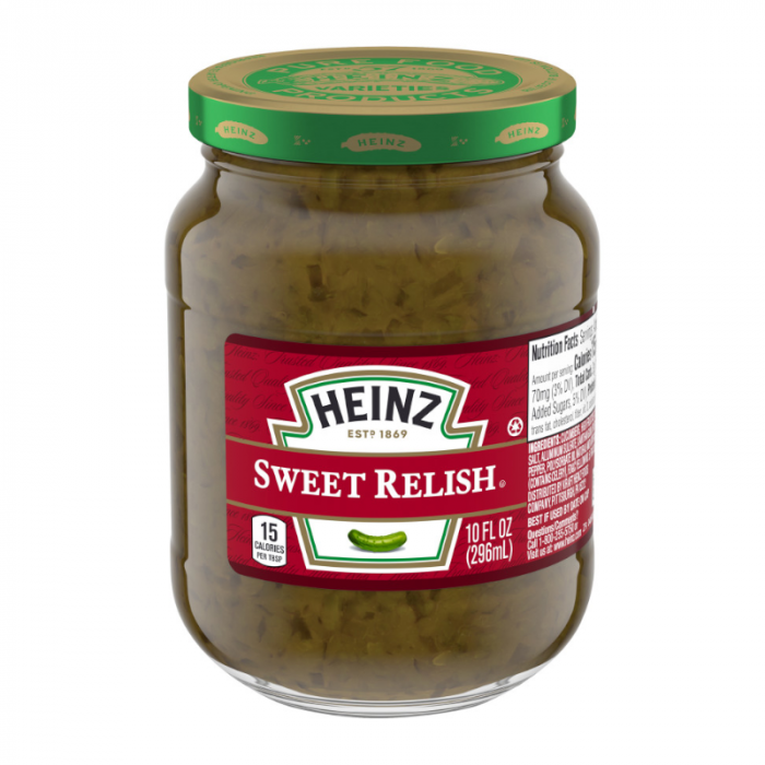 Front of Heinz Sweet Relish jar displaying a vibrant red label, logo, and jar size (283g) with sweet relish visible inside.