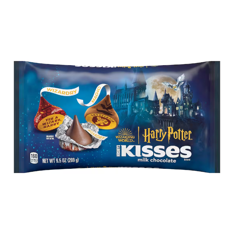 Front of Hershey's Harry Potter Kisses bag showcasing the brand logo, milk chocolate Kisses, and magical design elements (269g pack)
