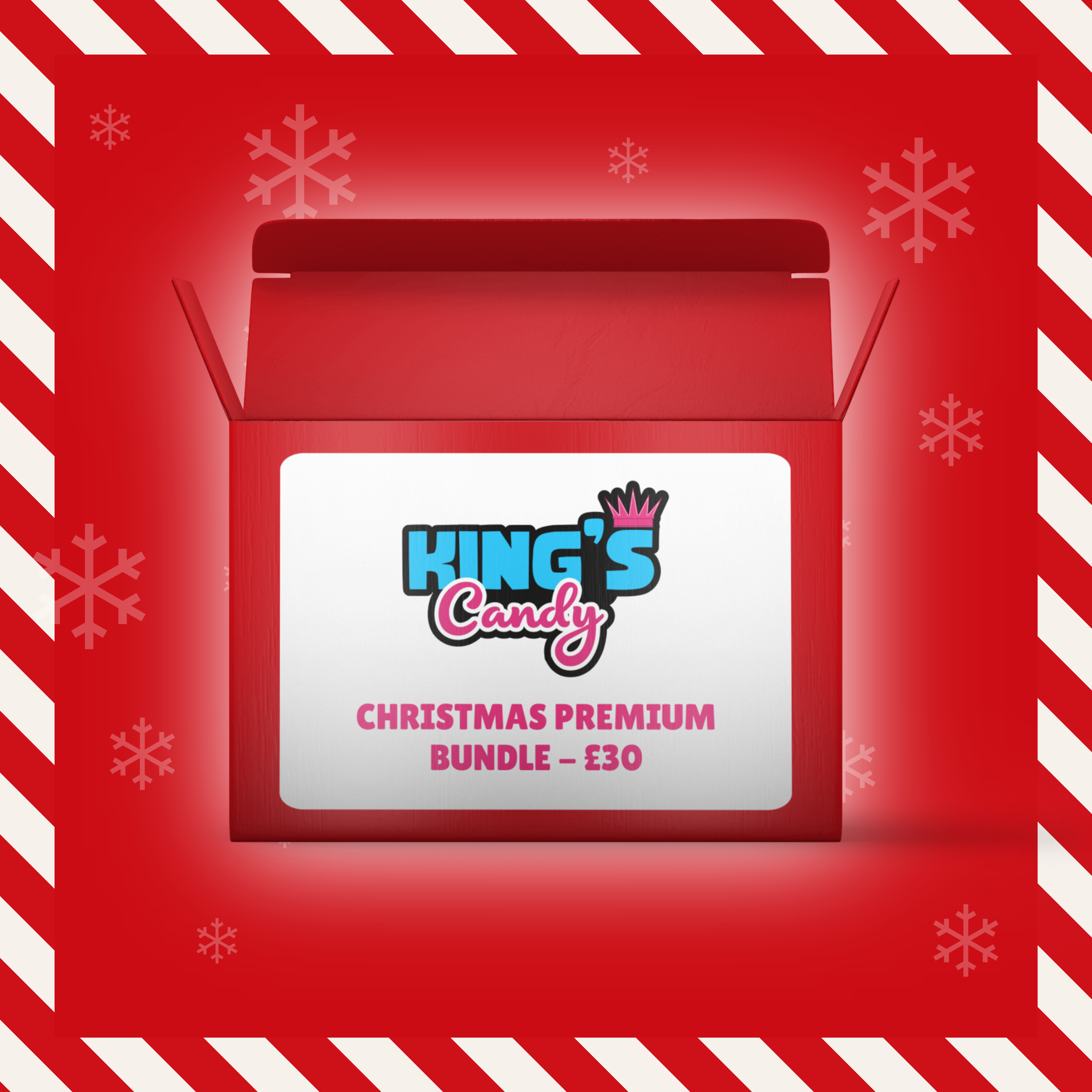 Front of King's Candy Christmas Premium Bundle box featuring logo and festive design, showcasing the product title and price (£30).
