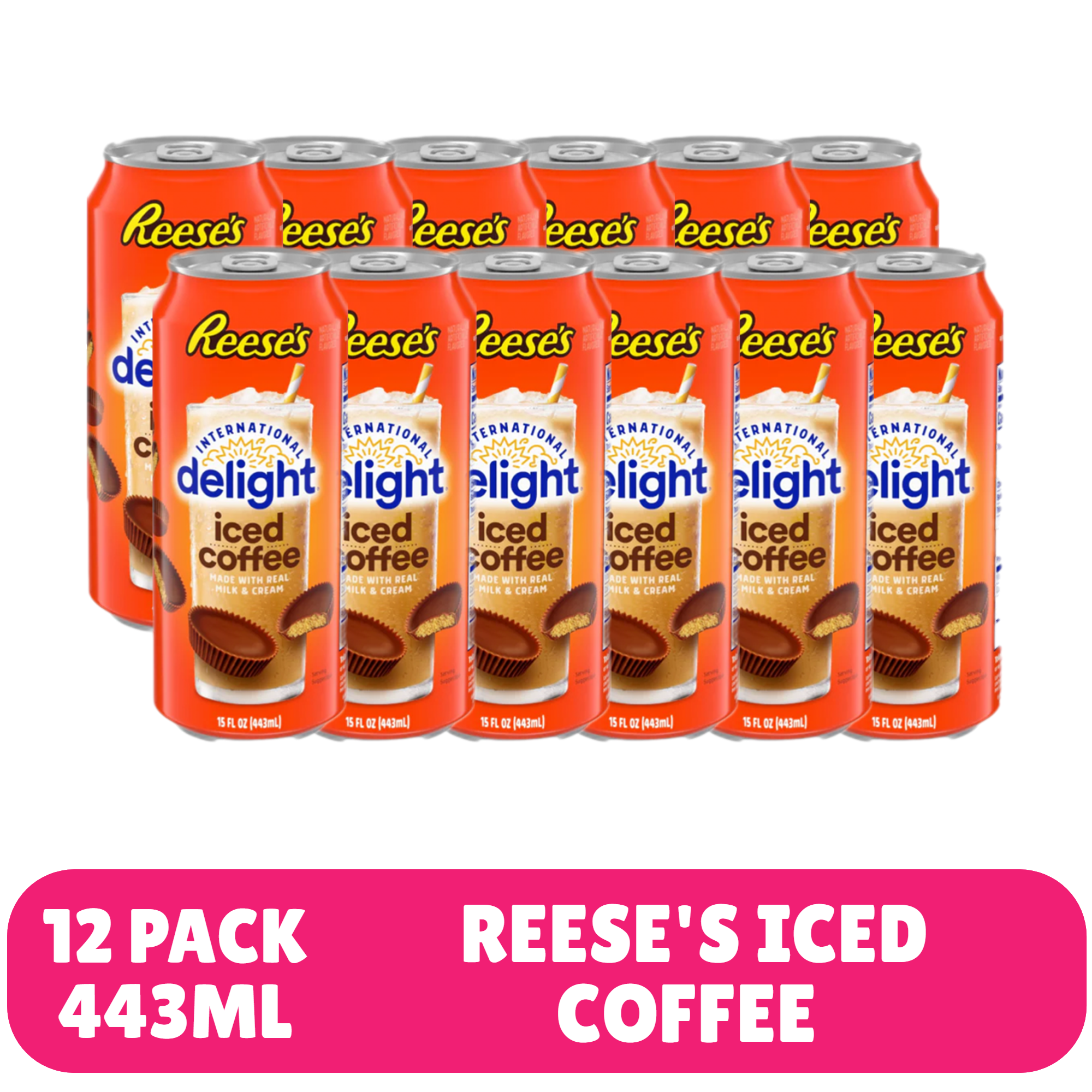 Front of Reese's Iced Coffee can case showing brand logo, flavour description, and pack size (12 x 443ml)