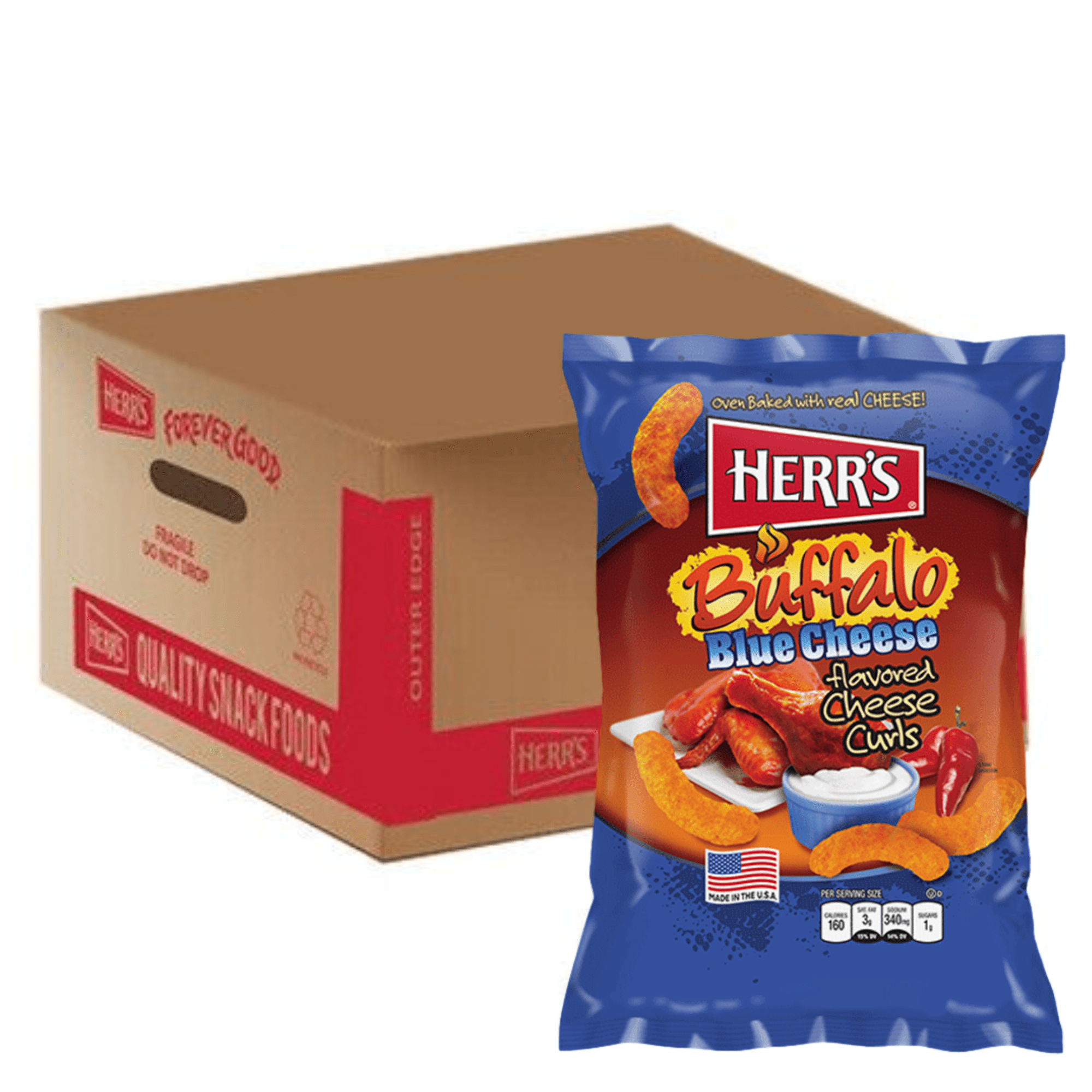 Front of Herr's Buffalo Blue Cheese Flavoured Cheese Curls bag showing colourful packaging, cheese curls, and flavour description (170g pack)