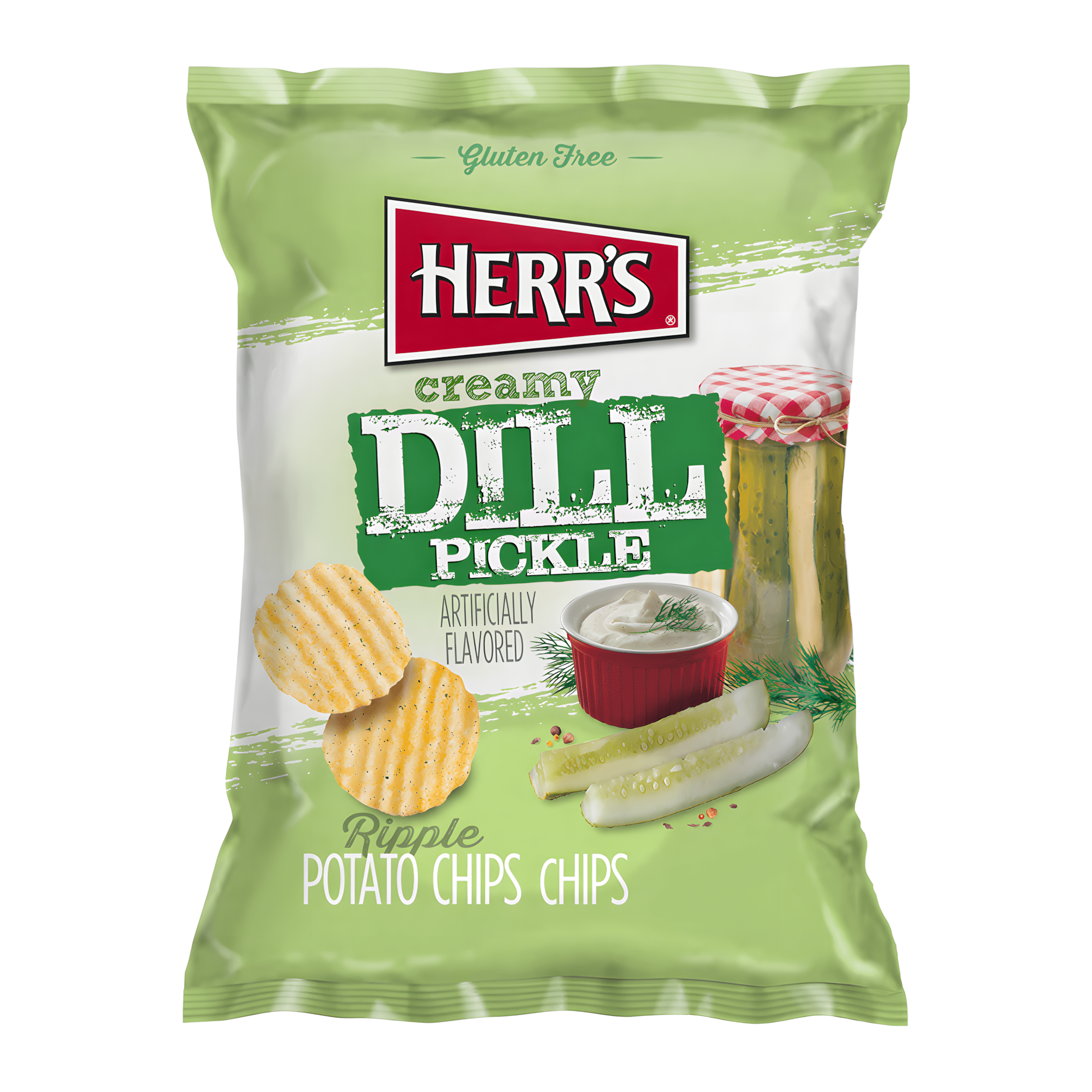 Front of Herr's Creamy Dill Ripple Crisps bag showing the logo, creamy dill flavour, and a 42g pack.