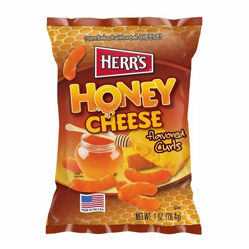 Front of Herr's Honey Cheese Flavoured Curls bag featuring the brand logo, honey cheese flavour, and vibrant curls (28.4g pack)