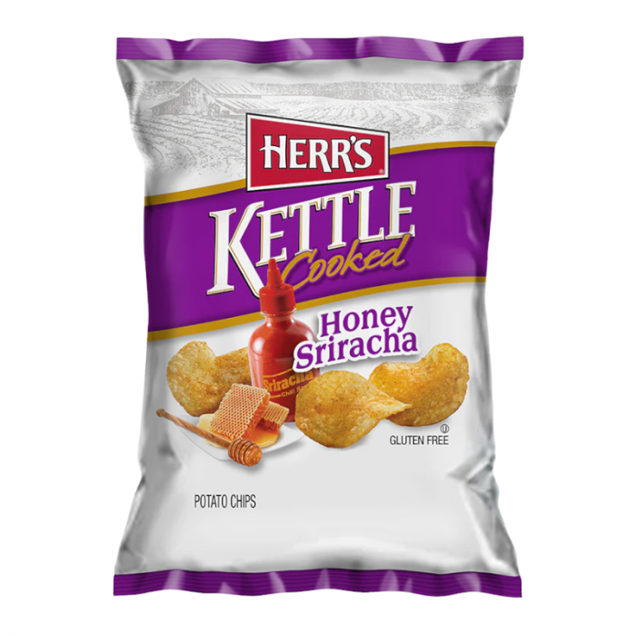 Front of a Herr's Kettle Cooked Chips bag featuring Honey Sriracha flavour, showcasing a bottle of sriracha and honeycomb (141.8g pack)