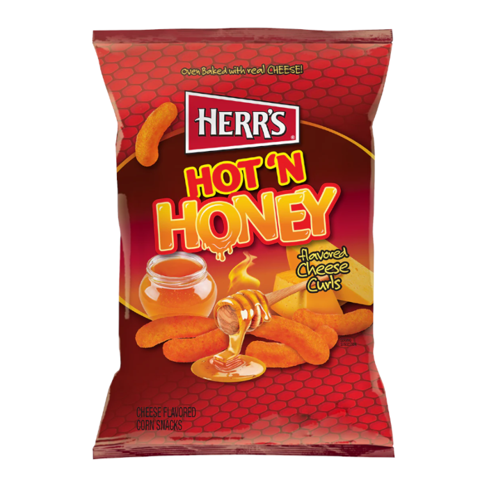 Front of Herr's Hot Honey Cheese Flavoured Curls bag showing the red packaging, logo, honey graphic, and cheese curls design (170g pack)