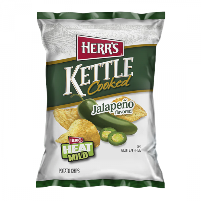 Front of Herr's Jalapeno Kettle Cooked Potato Chips bag showing the logo, jalapeno flavour title, and pack size (141.8g)