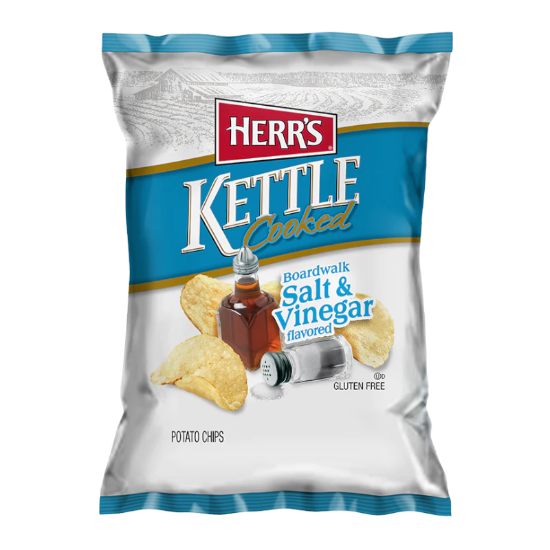 Front of Herr's Boardwalk Salt & Vinegar Chips bag featuring kettle-cooked logo, bold salt and vinegar flavour label, and 31.9g pack size.