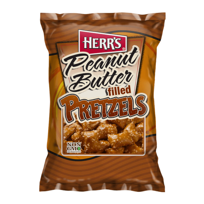 Front of Herr's Peanut Butter filled Pretzel Nuggets bag featuring logo, product name, and image of pretzel nuggets (113.4g pack)