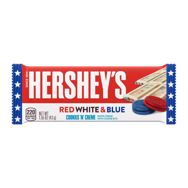 Front of Hershey's Cookies 'n' Cream Red White & Blue Bar showing the logo, red and blue chocolate pieces, and cookie bits (43g)