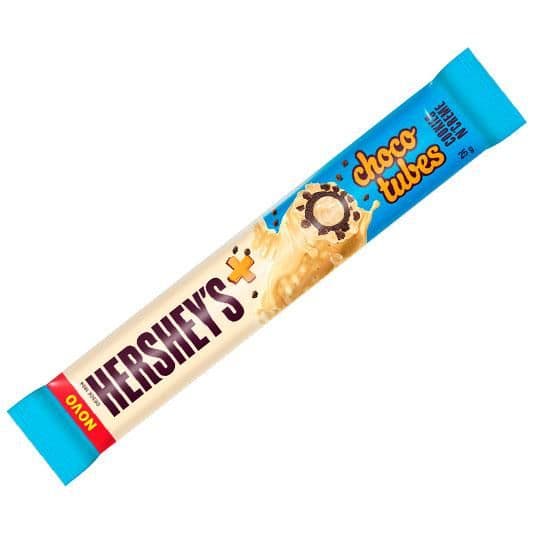 Front of Hershey's Choco Tubes Cookies & Cream showing logo, flavour details, and pack size (25g)