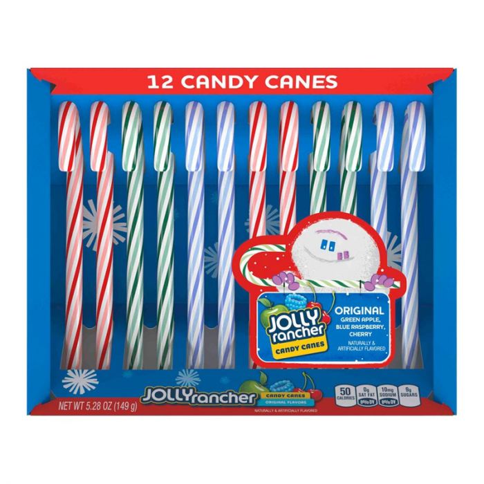 Front of Jolly Rancher Candy Canes box showing colourful candy canes with green apple, blue raspberry, and cherry flavours, 149g pack.