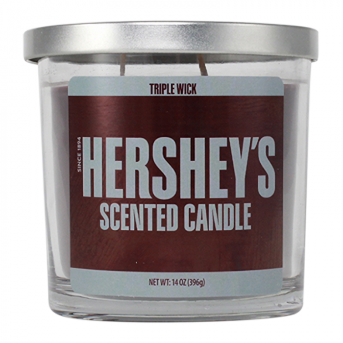 Front of Hershey's Chocolate Scented Triple Wick Candle showing the logo, scent details, and 396g pack size.