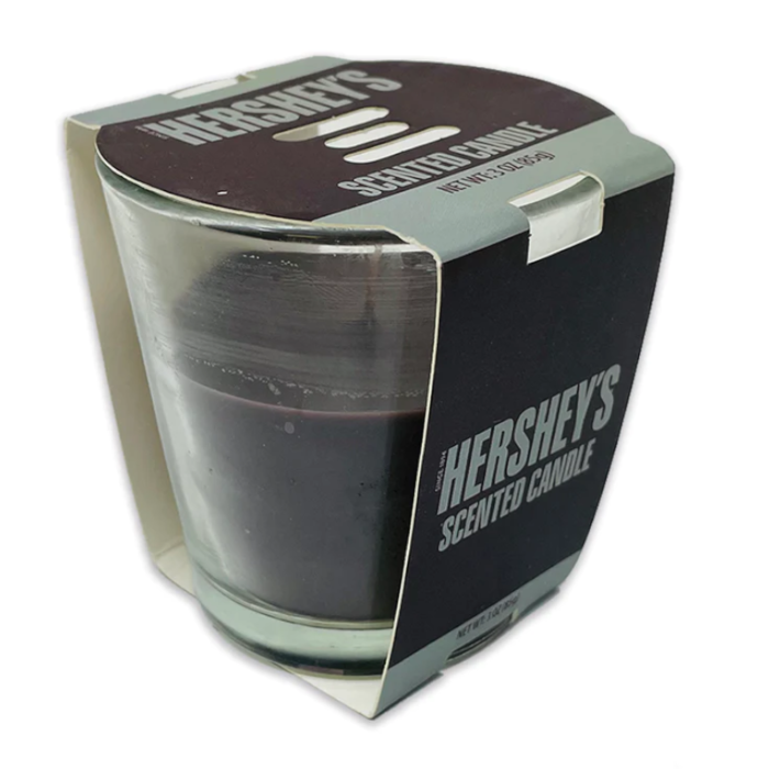 Front of Hershey's Chocolate Scented Candle showing logo and label, featuring a rich chocolate candle in a glass container (90g)