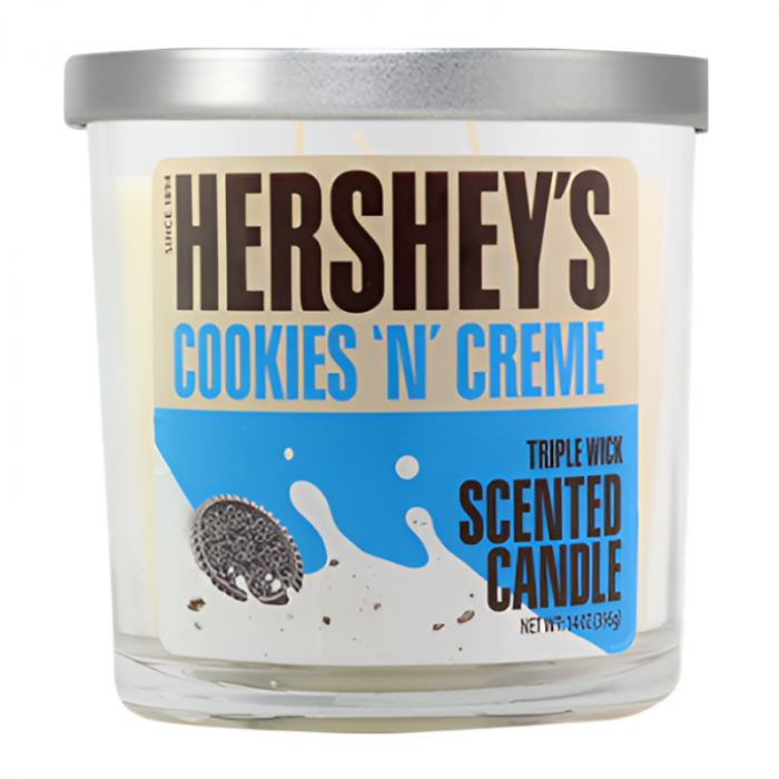 Front of Hershey's Cookies 'N' Cream Triple Wick Scented Candle showing brand logo, flavour, and candle details (396g)