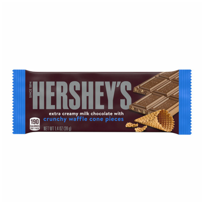Front of Hershey's Extra Creamy with Waffle Cone Pieces bar showing logo, creamy chocolate, and waffle cone design (39g pack)