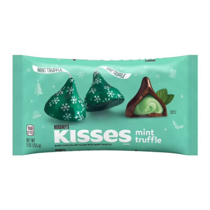 Front of Hershey's Kisses Dark Chocolate Mint Truffle bag showing mint truffles, dark chocolate and 255g pack size.