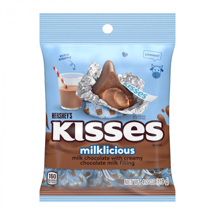 Front of Hershey's Kisses Milklicious bag showing the logo, milk chocolate flavour with creamy chocolate filling, and 119g pack size.