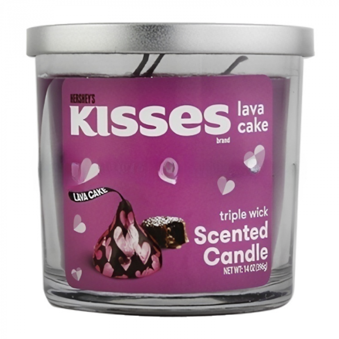 Front of Hershey's Kisses Valentines Lava Cake Triple Wick Scented Candle with rich purple label, featuring a chocolate lava cake graphic and triple wick details (396g)