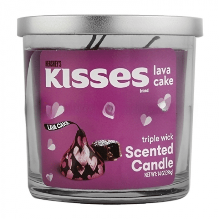 Front of Hershey's Kisses Valentines Lava Cake Triple Wick Scented Candle with rich purple label, featuring a chocolate lava cake graphic and triple wick details (396g)