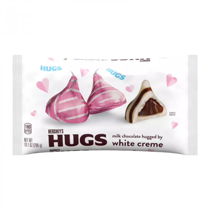 Front of Hershey's Kisses Hugs White Creme bag featuring milk chocolate hugs with white creme, shown in 266g pack size.