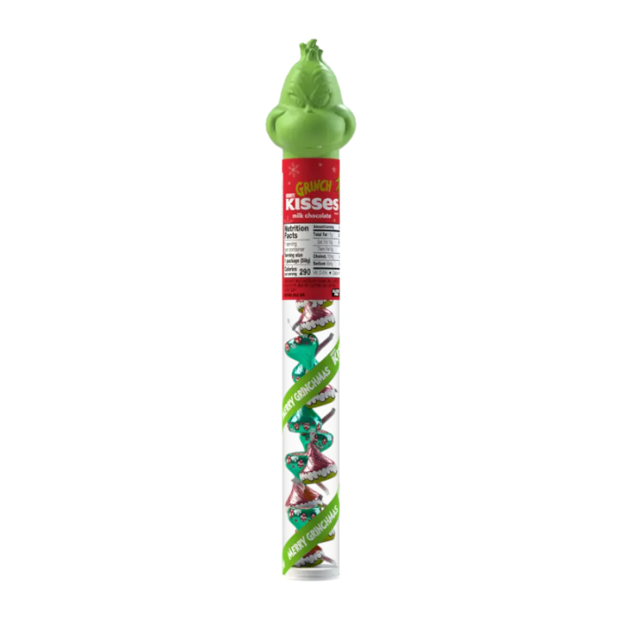 Front of Hershey's Candy Cane Grinch Kisses Filled Cane showing red and green packaging with Grinch character and filled cane design (59g pack)