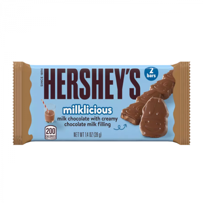 Front of Hershey's Milklicious Bar showing blue packaging with the Hershey's logo, indicating milk chocolate with creamy chocolate milk filling, 39g pack size.