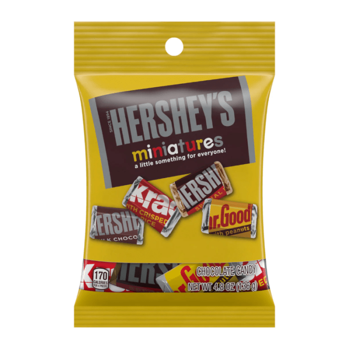 Front of Hershey's Miniatures bag featuring the logo and assorted chocolate candy, 136g pack size
