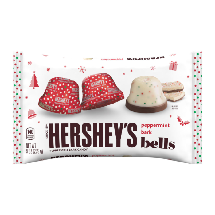 Front of Hershey's Kisses Peppermint Bark Bells bag showing red and white bell-shaped candies with peppermint sprinkles and product title (255g pack)