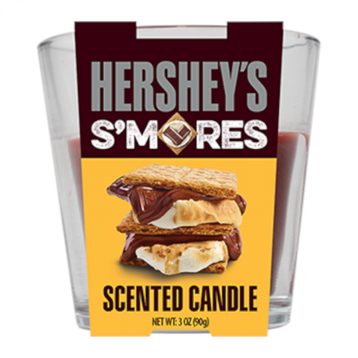 Front of Hershey's S'mores Scented Candle jar showcasing the logo, an image of s'mores, and 90g net weight label.