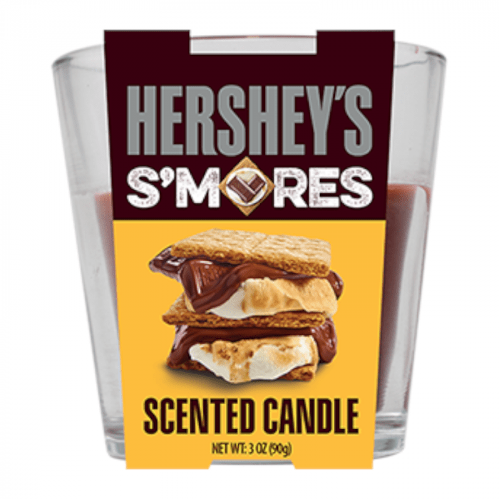 Front of Hershey's S'mores Scented Candle jar showcasing the logo, an image of s'mores, and 90g net weight label.
