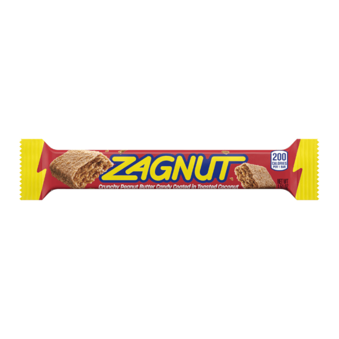 Front of Hershey's ZAGNUT Bar wrapped in red and yellow packaging, showing peanut butter candy coated in toasted coconut (43g)