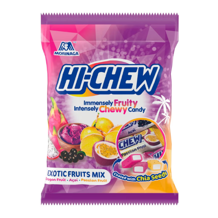 Front of Hi-Chew Exotic Fruit Mix bag featuring fruity illustrations, vibrant colours, and the product title (100g pack)
