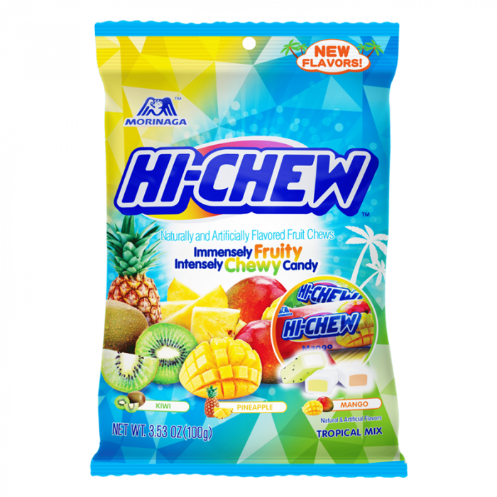 Front of Hi-Chew Tropical Mix Fruit Chews bag showing blue and yellow design, logo, and various fruit illustrations with 100g pack size