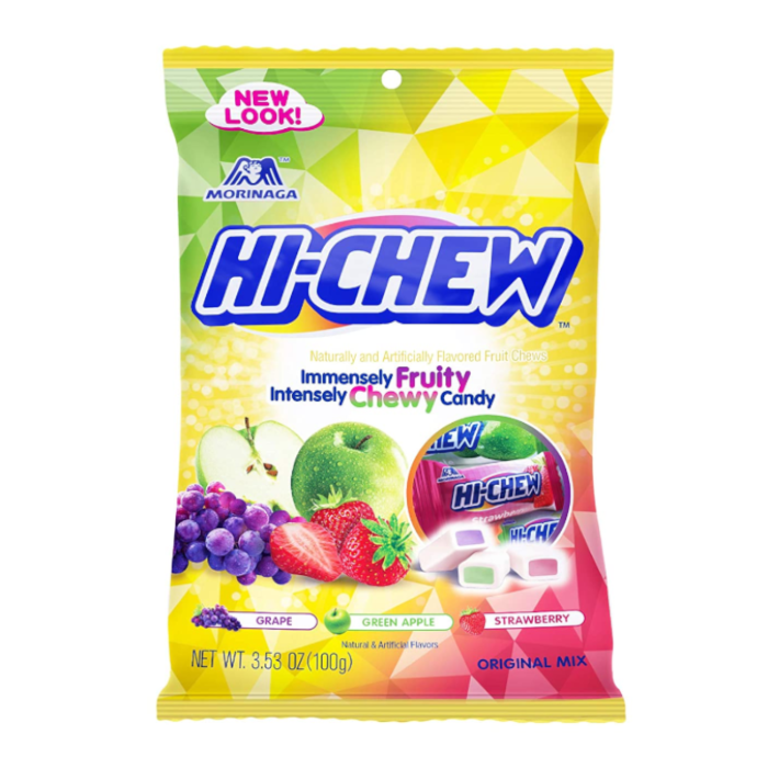 Front of Hi-Chew Original Mix Fruit Chews bag showing the logo, assorted fruit illustrations, and pack size (100g)