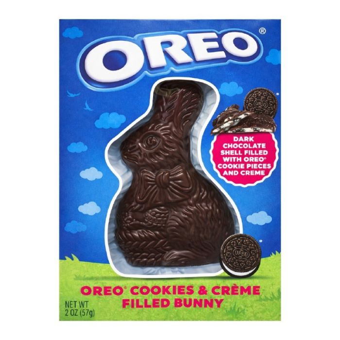 Front of Oreo Cookies & Creme Filled Easter Bunny pack showing dark chocolate bunny with Oreo cookie pieces and creme filled description (57g)