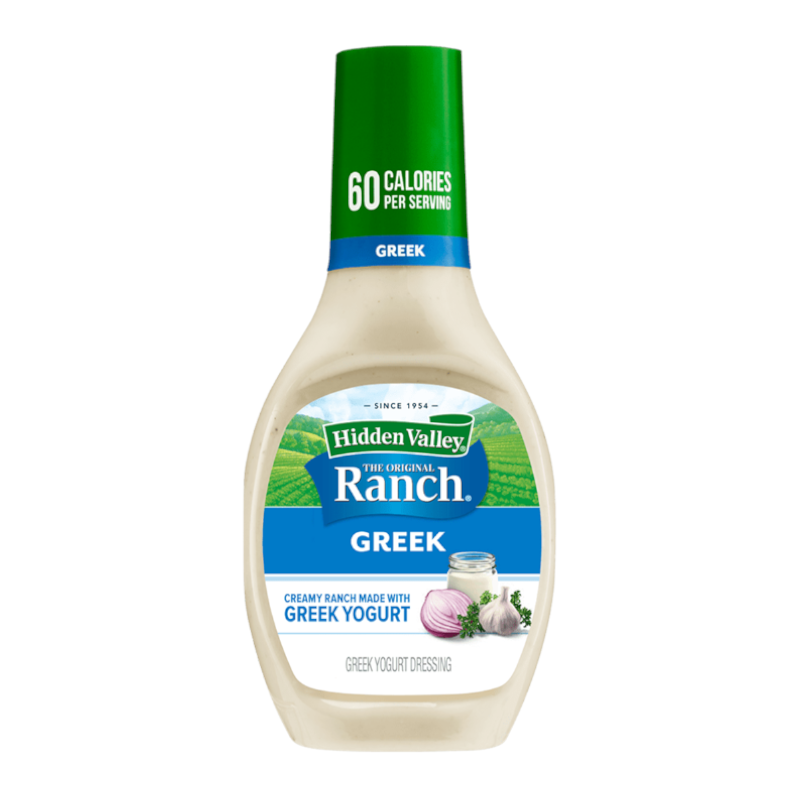 Front of Hidden Valley Greek Yogurt Ranch Dressing bottle featuring the logo, Greek flavour, and creamy ranch dressing design, 354ml pack