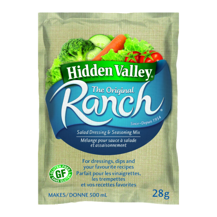 Front of Hidden Valley Original Ranch Seasoning Salad Dressing & Recipe Mix pouch showing ranch flavour, vegetables, and 28g pack size.
