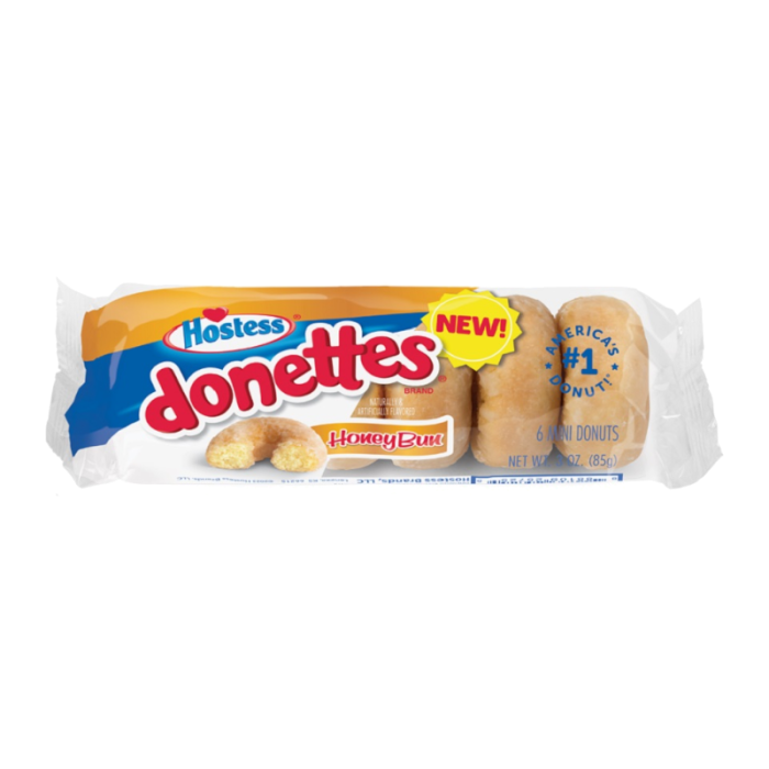 Front of Hostess Honey Bun Mini Donettes pack showing vibrant logo, honey bun flavour, and 6 mini donuts (85g pack)
