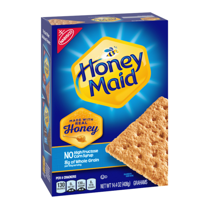 Front of Honey Maid Honey Grahams Crackers box showing the logo, 'made with real honey' label, and a pack size of 408g.
