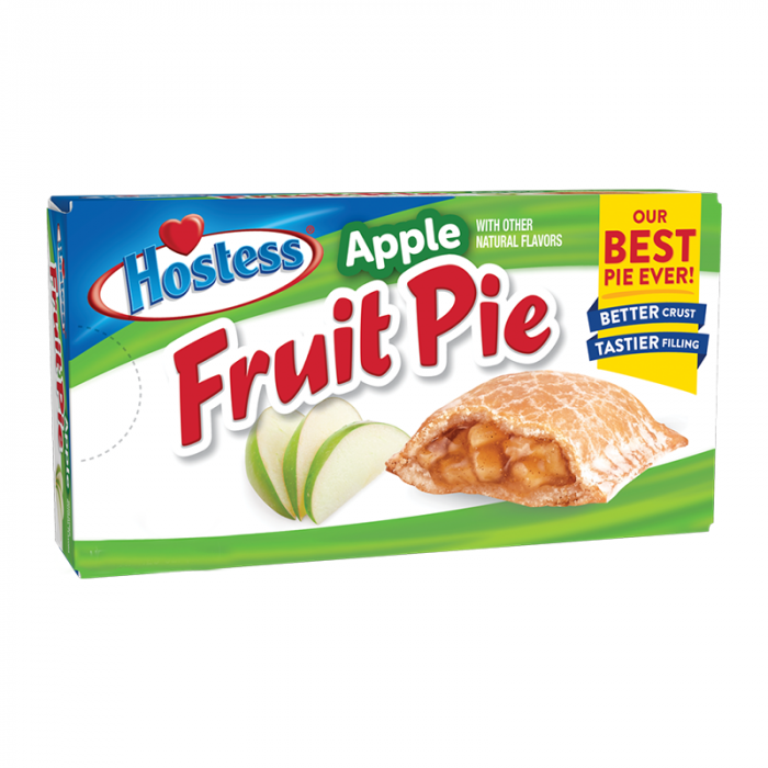 Front of Hostess Apple Fruit Pie box featuring the Hostess logo, apple flavour label, and image of the pie with apple slices (120g pack)