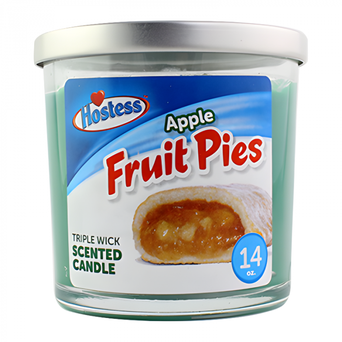 Front of Hostess Apple Pie Triple Wick Scented Candle showing logo, apple pie illustration, and label details (396g)