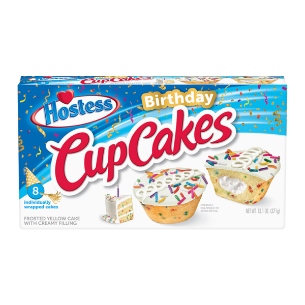 Front of Hostess Birthday Cupcakes box displaying the logo, frosted yellow cakes with creamy filling, and colourful sprinkles in an 8 pack (371g)